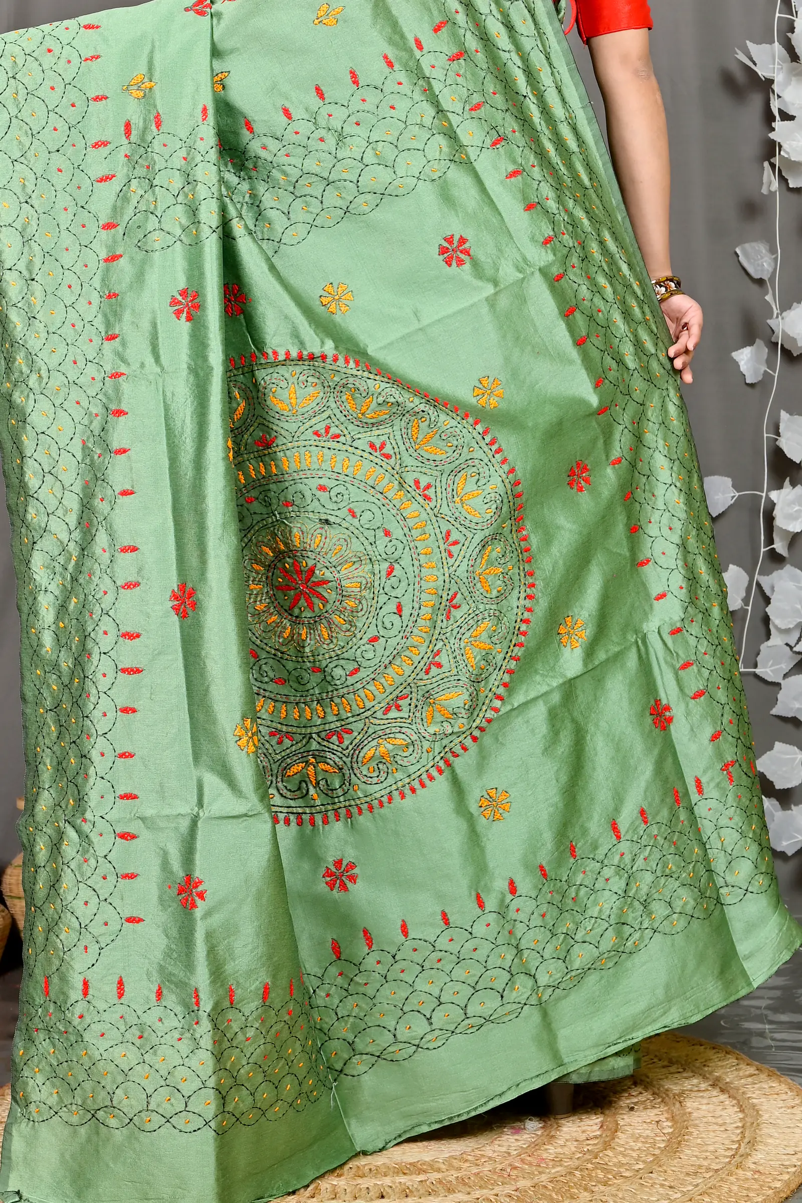 Emerald Green Cotton Blended Soumika Kantha Stitch Saree (592)